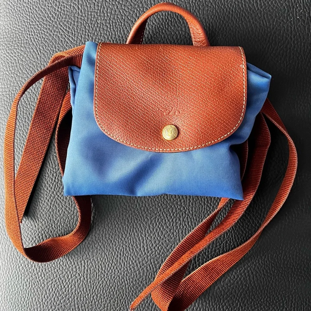 Longchamp Blue Brown Nylon Leather Mini Backpack - AS IS